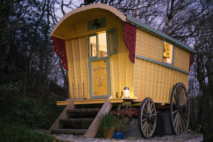Prudence caravan exterior, glamping, near Launceston, Cornwall, England