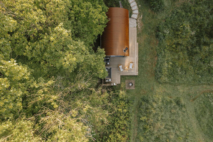 The Withywindle cabin aerial view, Poughill, Crediton, Devon, England